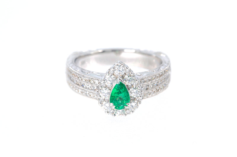 Natural Emerald Diamond Cocktail Ring 18k 750 White Gold Size 7 BDL
