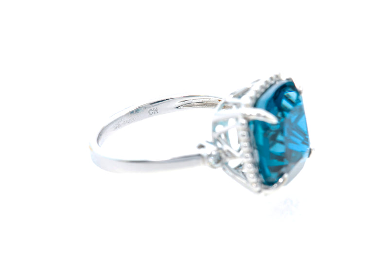 Topaz & Diamond Halo Cocktail Ring 14k 585 White Gold Size 7