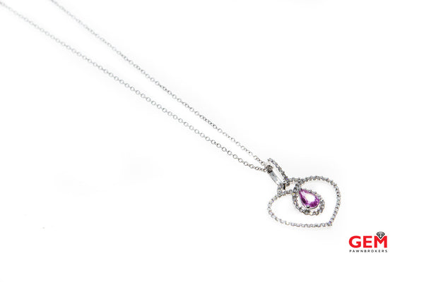 Pink Sapphire Pear & Diamond Pave Open Heart 14K 585 White Gold 16" Necklace