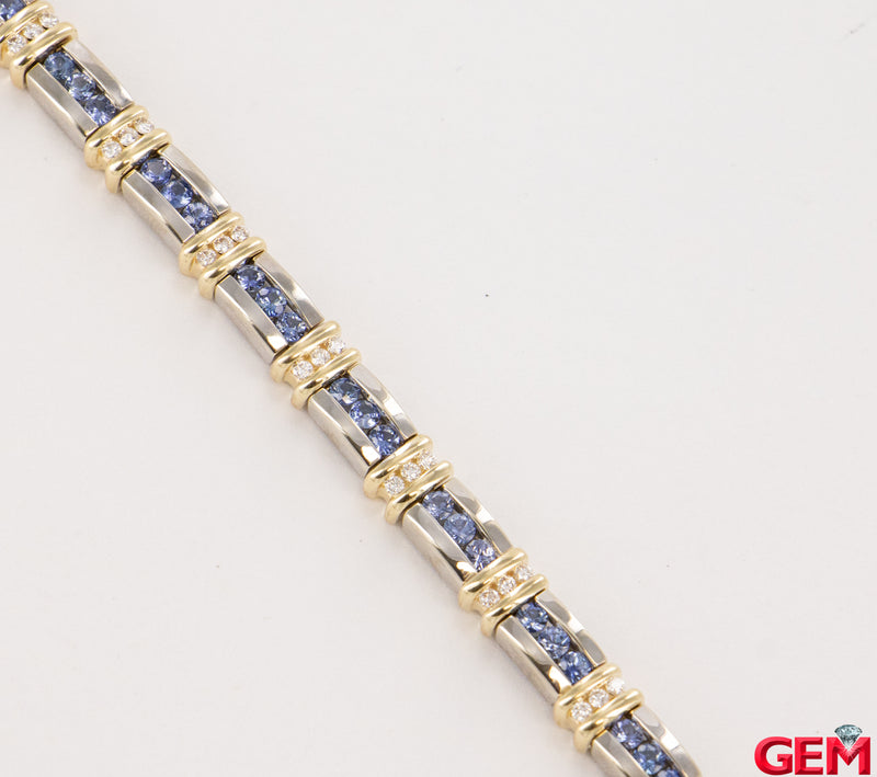 Tanzanite & Diamond White Yellow Gold 14k 585 Tennis Row Station Bracelet 7"