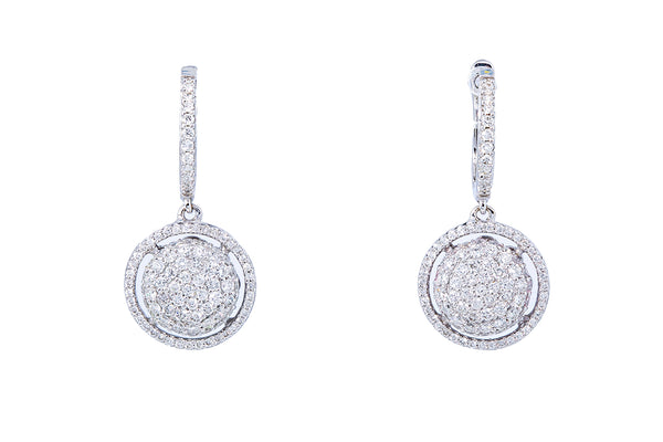 Diamond Pave Cocktail Cluster Disc Drop 18K 750 White Gold Pair of Earrings