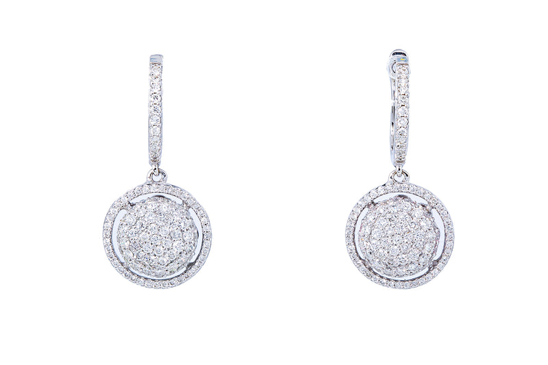 Diamond Pave Cocktail Cluster Disc Drop 18K 750 White Gold Pair of Earrings