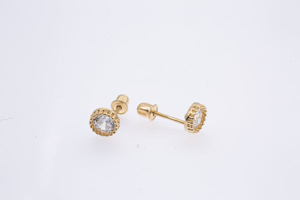 Milgrain Line Set Cubic Zirconia 5mm Studs 14K 585 Yellow Gold Pair of Earrings