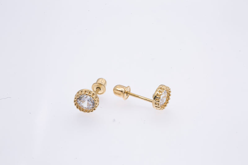 Milgrain Line Set Cubic Zirconia 5mm Studs 14K 585 Yellow Gold Pair of Earrings