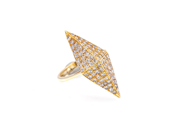 Hand Made Geometric Pyramid Unique Diamond Cocktail 18k 750 Yellow Gold Ring Size 6.5