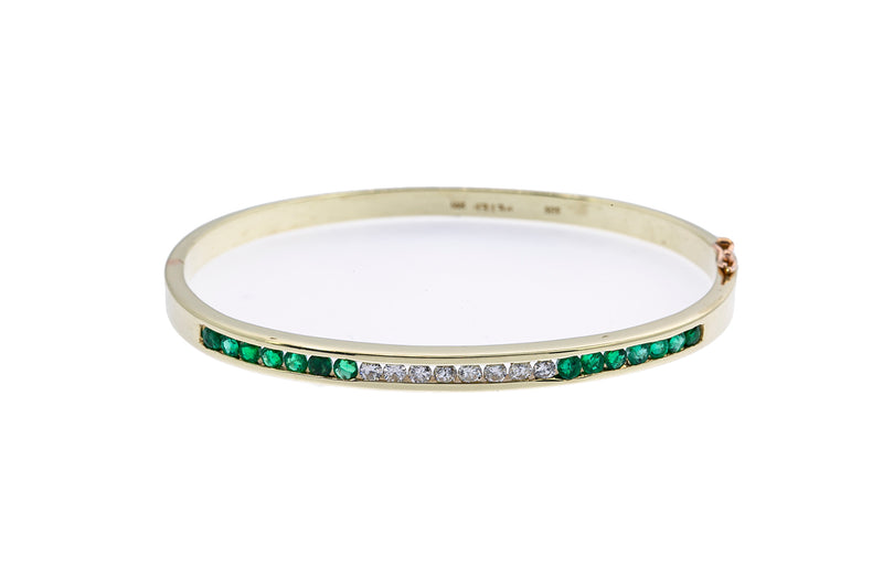 Peter Diamond & Emerald Line Bangle Cuff 14K 585 Yellow Gold Bracelet