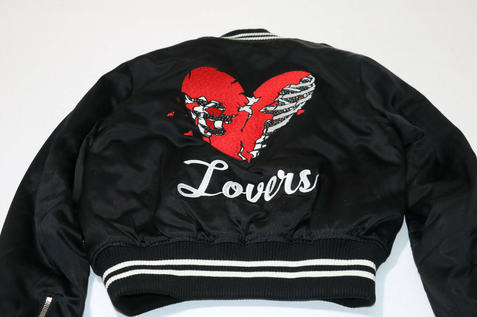 AMIRI Lovers Embroidered Satin Bomber Jacket in Black Size