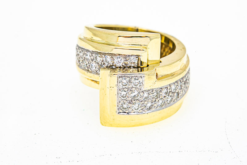 Diamond Pave Line Open Wrap Band 14K 585 Yellow & White Gold Ring Size 6 3/4