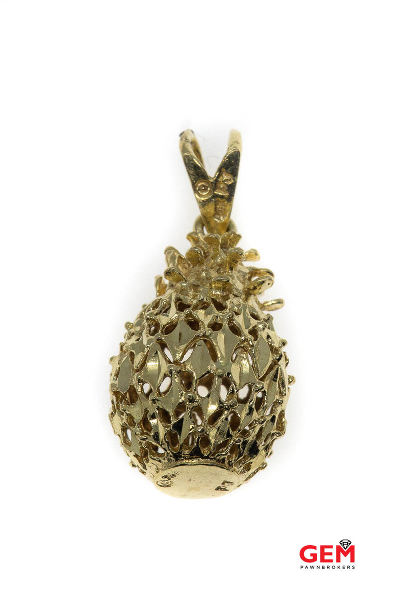 Vintage Hawaiian Pineapple Fruit 3D Filigree 14k 585 Yellow Gold Charm Pendant