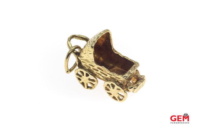 Baby Stroller Carriage Bassinet Old Fashioned Pram Charm Solid 14K 585 Yellow Gold Pendant