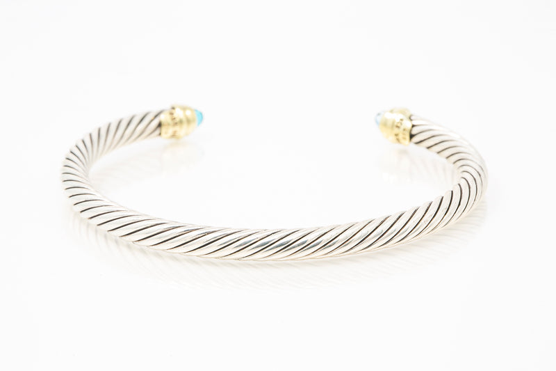David Yurman 5mm Topaz Cable Bangle Bracelet 925 585 Sterling Silver Yellow Gold 7.5"