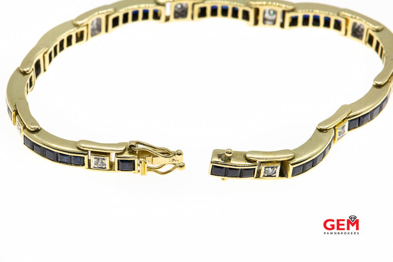 Natural Sapphire & Diamond Bar Link Station 18K 750 Yellow Gold Bracelet