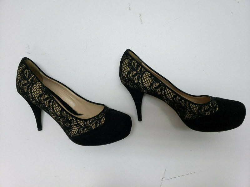 Fendi Women's Black Lace Round Toe Suede Heels | Size 7 US, 37.5 EUR