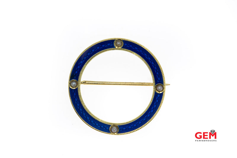 Art Nouveau 14k 585 Yellow Gold Blue Enamel Seed Pearl Lapel Pin Brooch