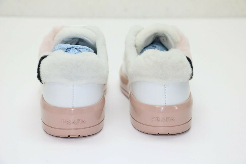 Prada: White/Pink Shearling low-top Sneakers Sz:36