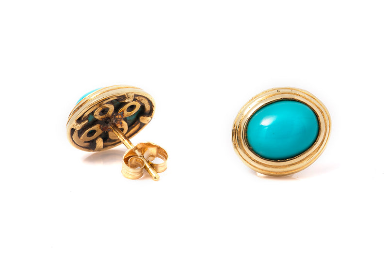 Natural Turquoise Cabochon Stud 14k 585 Yellow Gold Earrings