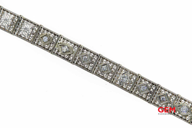 Estate Diamond Filigree Accent 14K 585 White Gold Pierced Bracelet