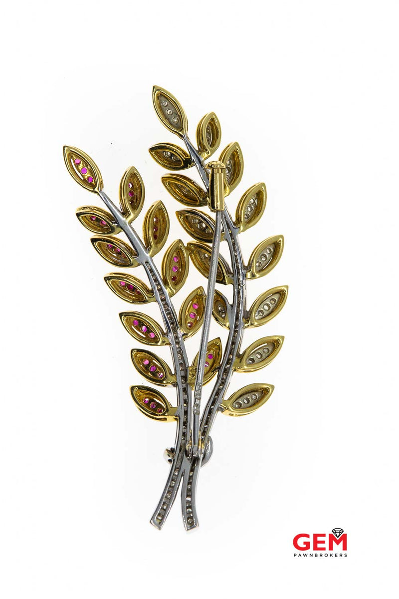 18 KT Yellow White Gold Sapphire Diamond Leaf Nature Lapel Pin Brooch