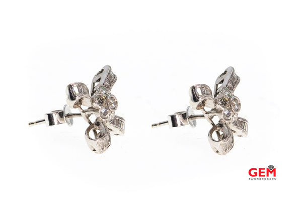 Diamond Cluster Bow Ribbon Stud Earrings 18k 750 White Gold
