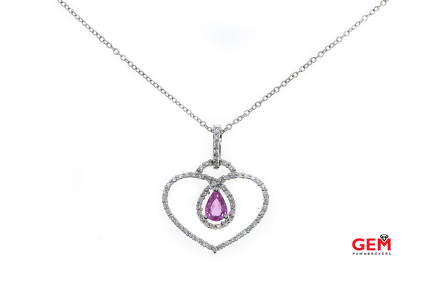 Pink Sapphire Pear & Diamond Pave Open Heart 14K 585 White Gold 16" Necklace