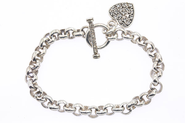 Pave Cubic Zirconia Heart Rolo Link 925 Sterling Silver 7.5" Toggle CZ Bracelet