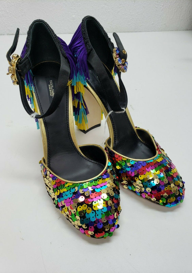 Dolce & Gabbana Shoes Sequin Pump Rainbow Fringe Mary Jane Size 9.5 US, 40 EUR