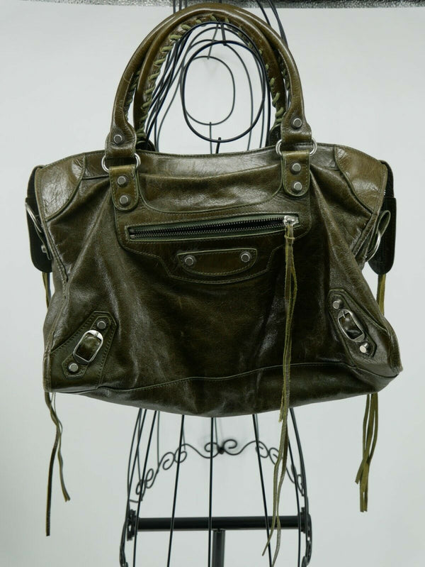 Balenciaga Paris Green Leather Tassels Handbag Made in ITALY No.0754c