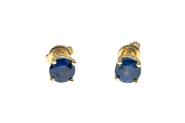 Natural 6.5mm Sapphire Studs 14K 585 Yellow Gold Pair of Gemstone Earrings