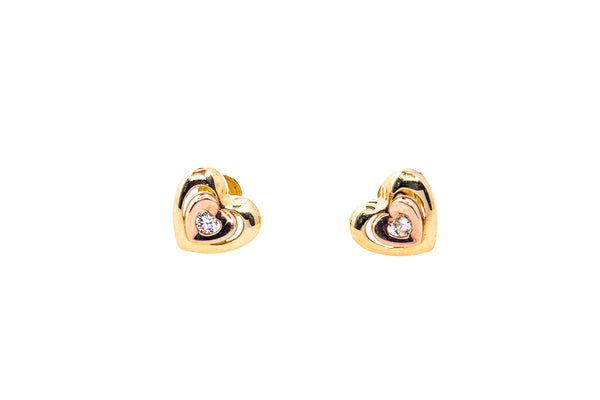 MO Cubic Zirconia Heart Studs 14K 585 Yellow & Rose Gold Pair of CZ Earrings