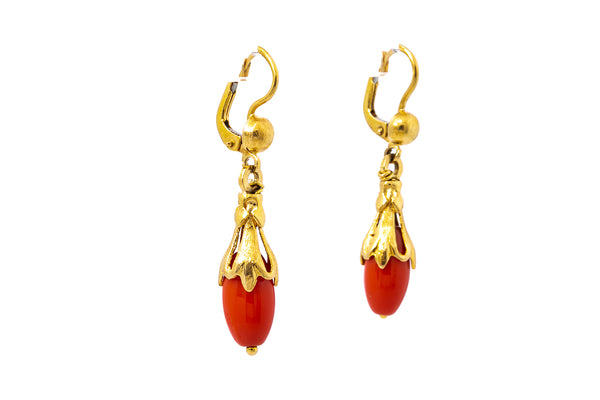 Vintage Corletto 18k 750 Yellow Gold Drop Coral Earrings