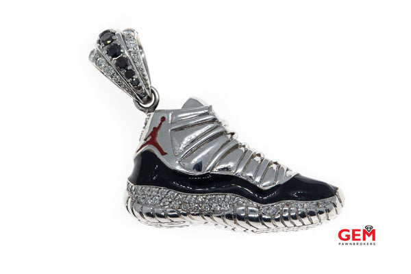 Red & Black Enamel Diamond Pave Jays Retro Shoe Drop Charm 14K 585 White Gold Sneaker Pendant